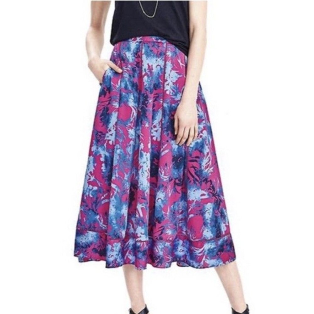 Banana Republic Pink & Blue Floral A Line Midi Skirt Sz 2 Lined Pockets Tropical